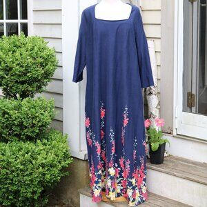Ulla Popken Germany Blue Multicolor Flower Border w Square Neck Knit Maxi Dress